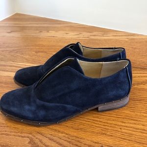 Navy blue suede laceless oxfords